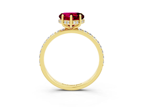 Yellow gold Heart Cut Garnet Solitaire Ring with Pavé Band and Hidden Halo