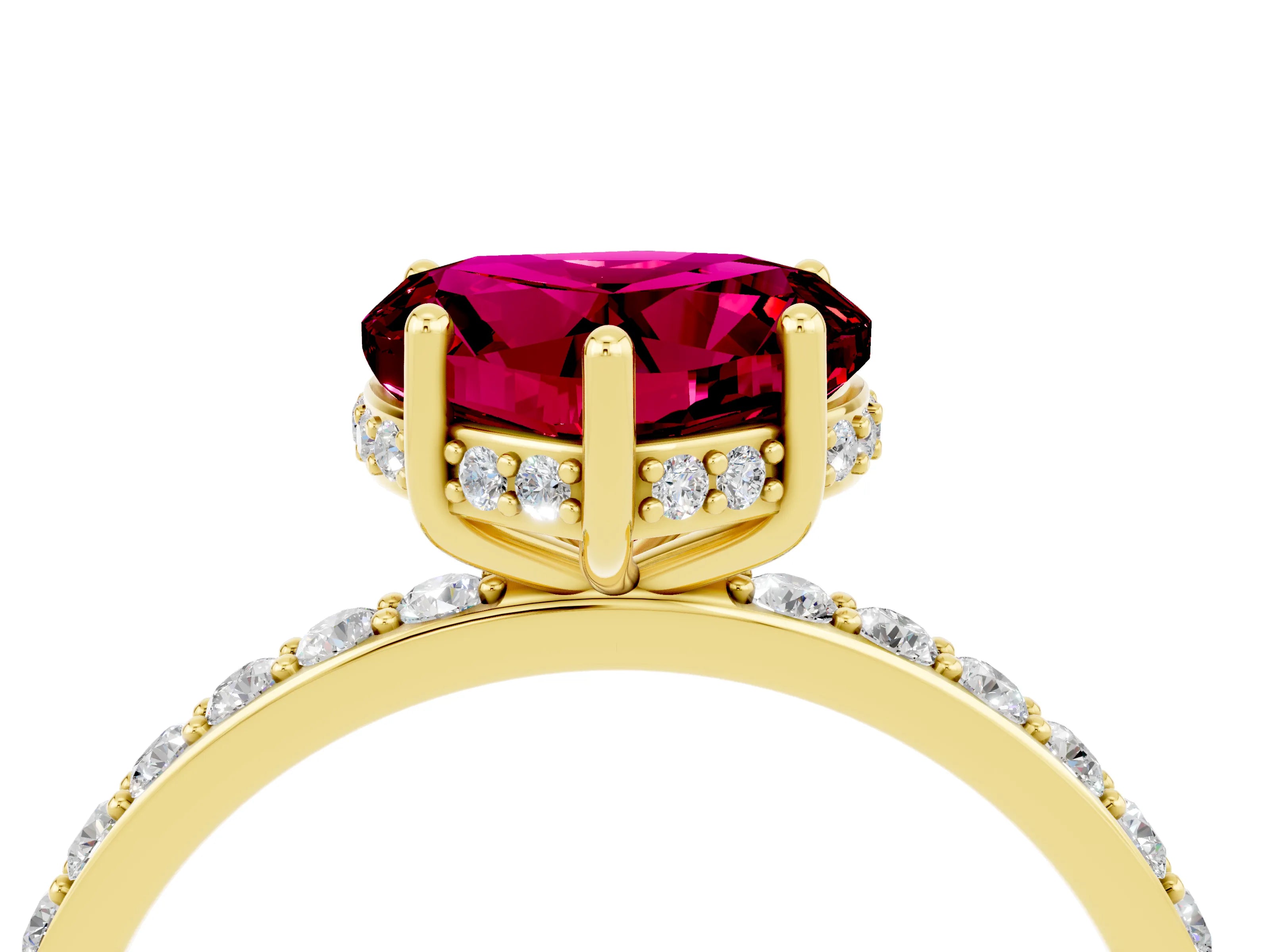 Yellow gold Heart Cut Garnet Solitaire Ring with Pavé Band and Hidden Halo_16
