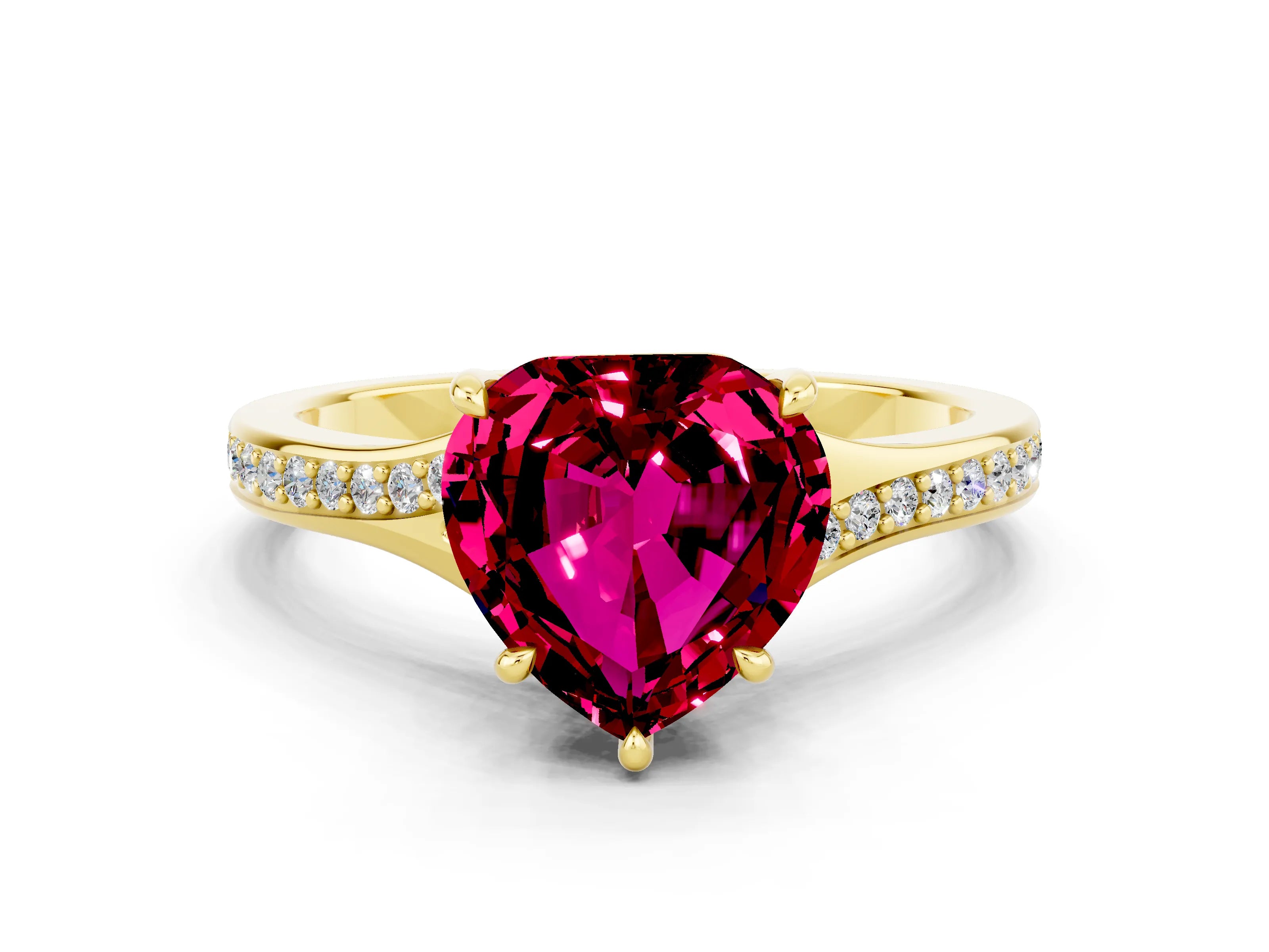 Yellow gold Heart Cut Garnet Solitaire Ring with Pavé Band and Prong Setting