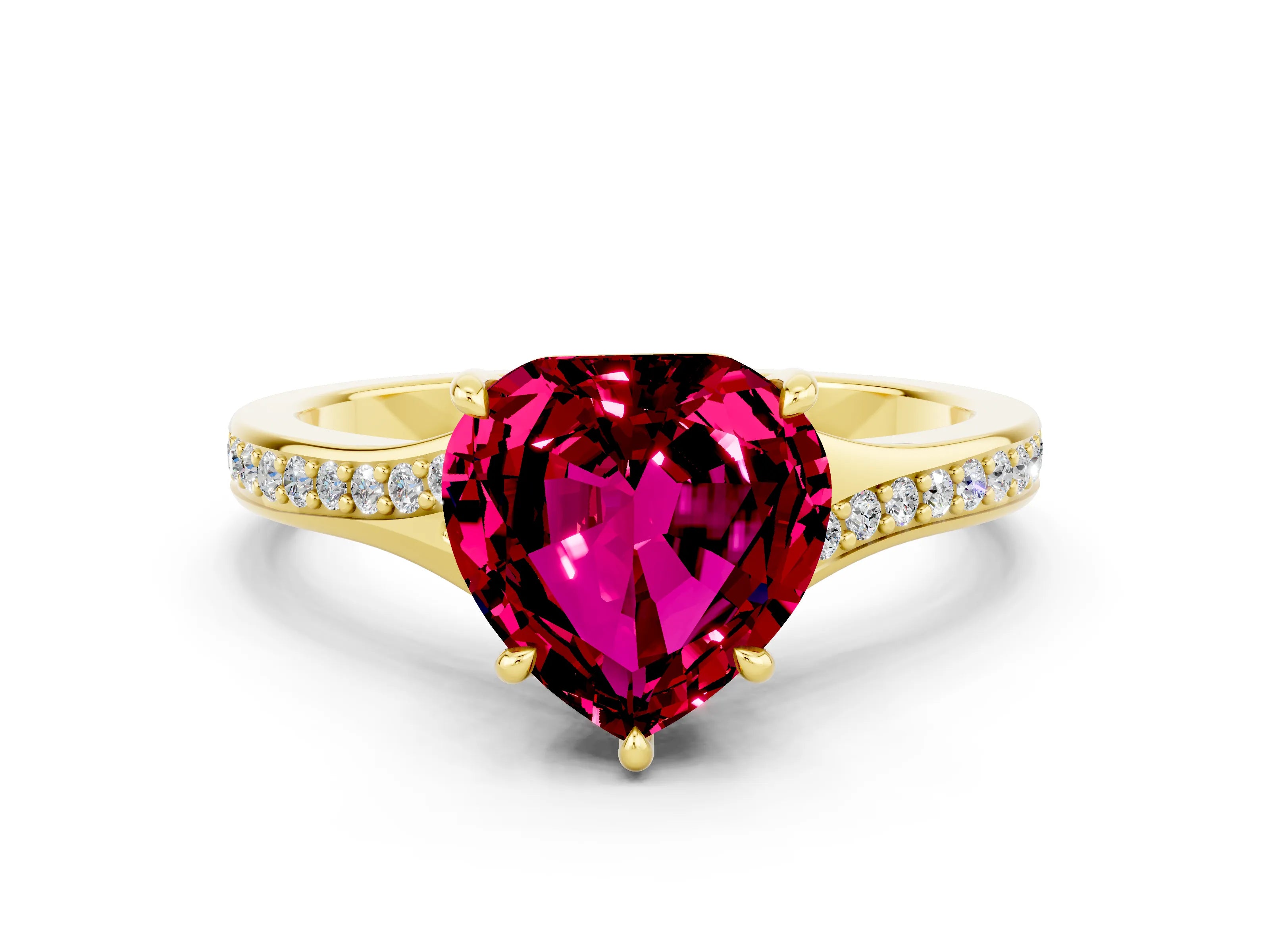 Yellow gold Heart Cut Garnet Solitaire Ring with Pavé Band and Prong Setting_12