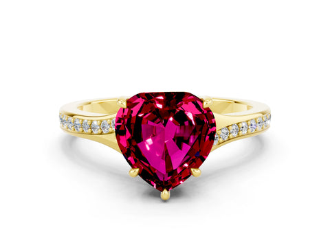 Yellow gold Heart Cut Garnet Solitaire Ring with Pavé Band and Prong Setting_12