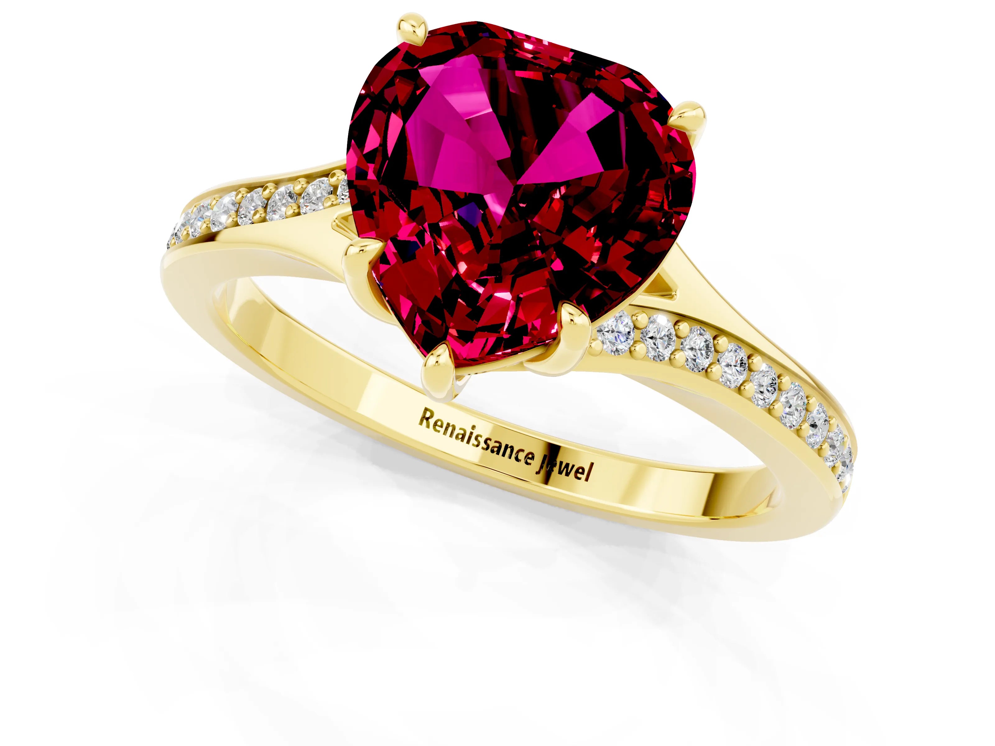 Yellow gold Heart Cut Garnet Solitaire Ring with Pavé Band and Prong Setting_13