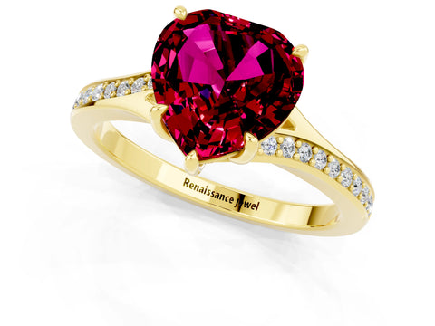 Yellow gold Heart Cut Garnet Solitaire Ring with Pavé Band and Prong Setting_13