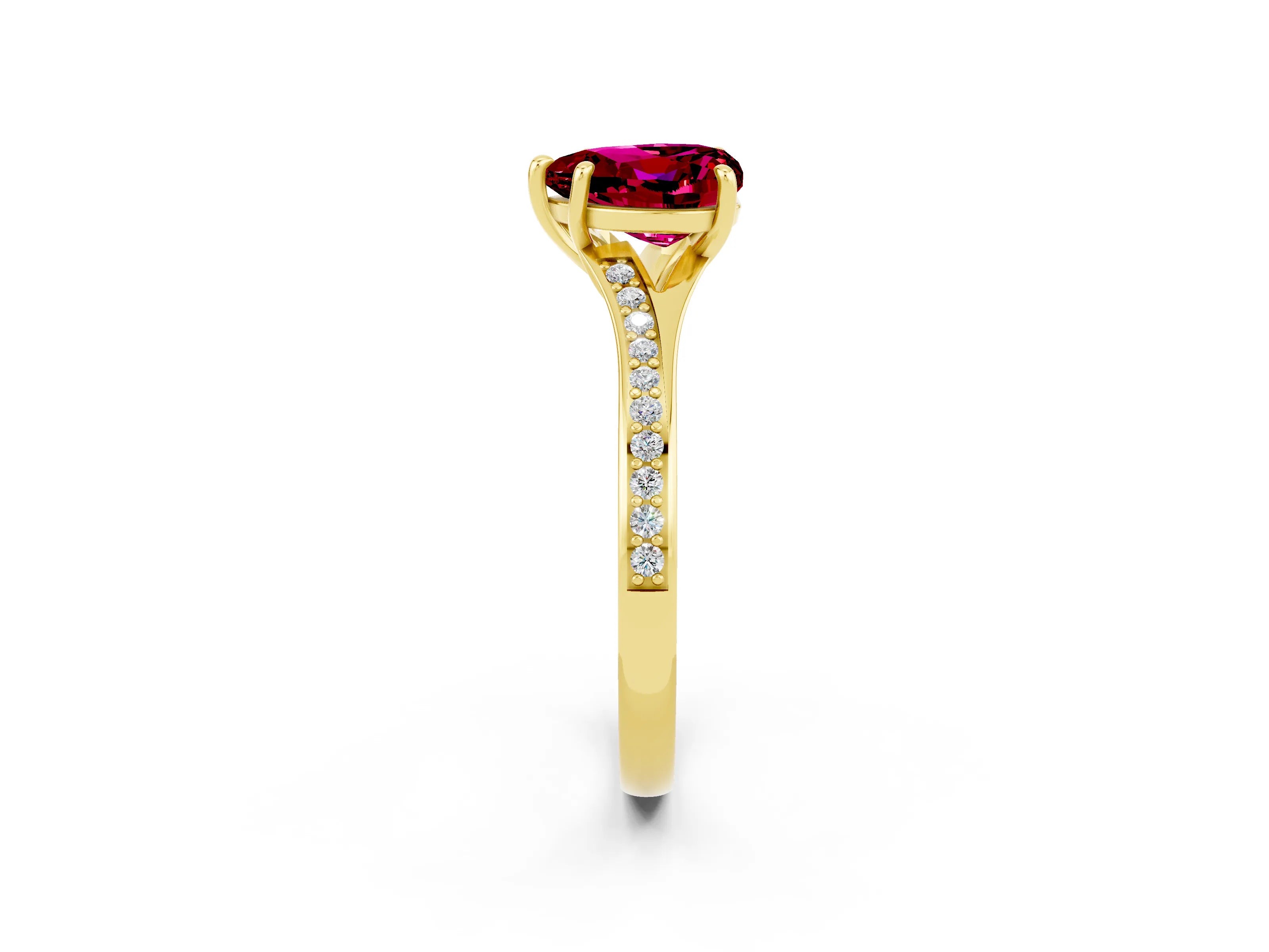 Yellow gold Heart Cut Garnet Solitaire Ring with Pavé Band and Prong Setting_14