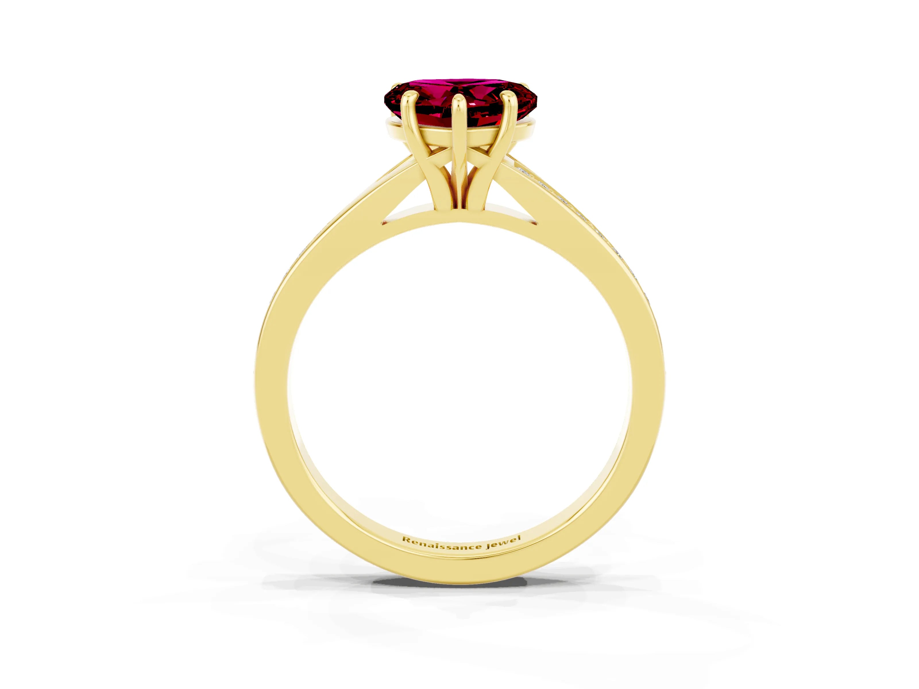 Yellow gold Heart Cut Garnet Solitaire Ring with Pavé Band and Prong Setting_15