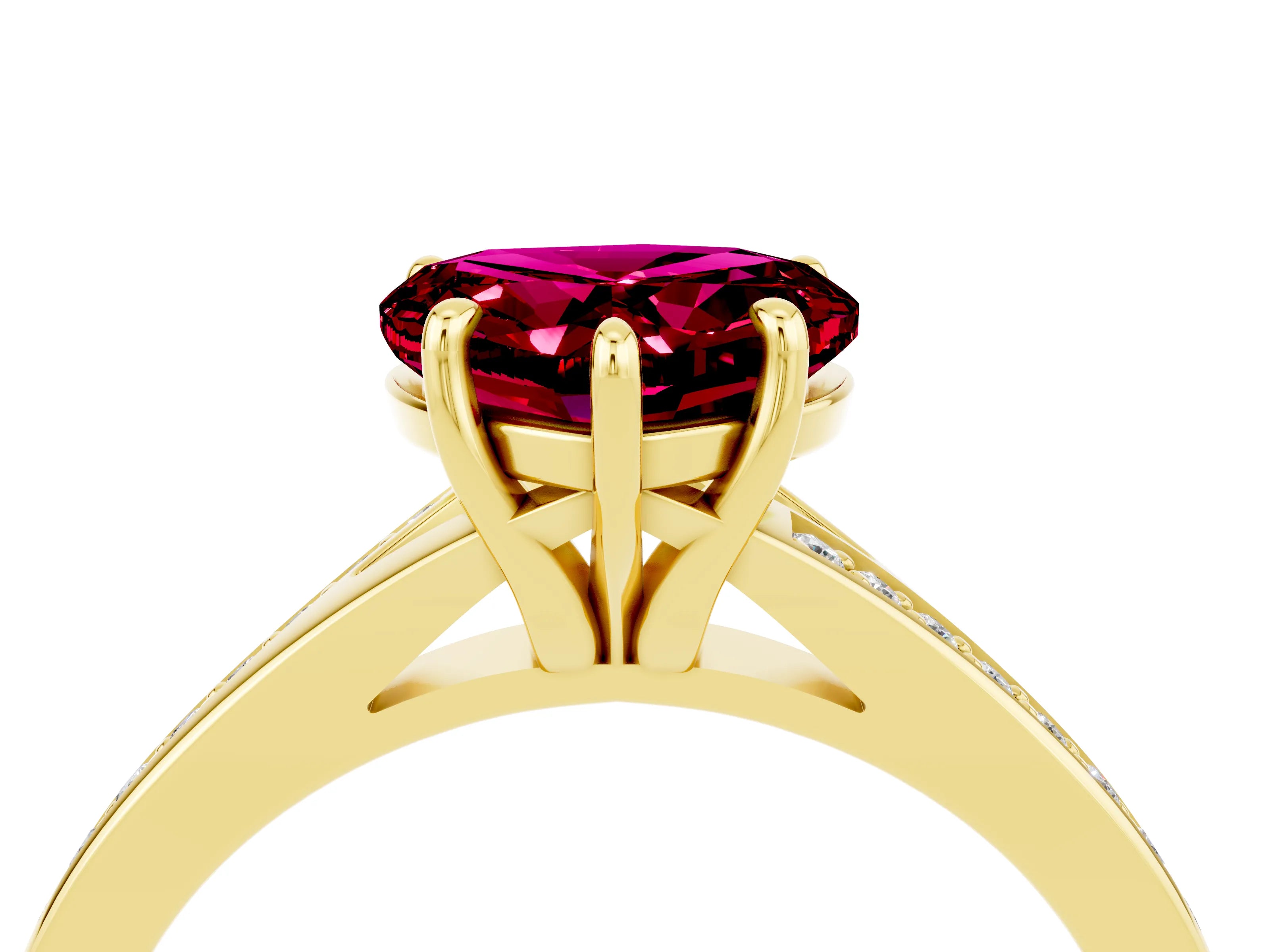Yellow gold Heart Cut Garnet Solitaire Ring with Pavé Band and Prong Setting_16