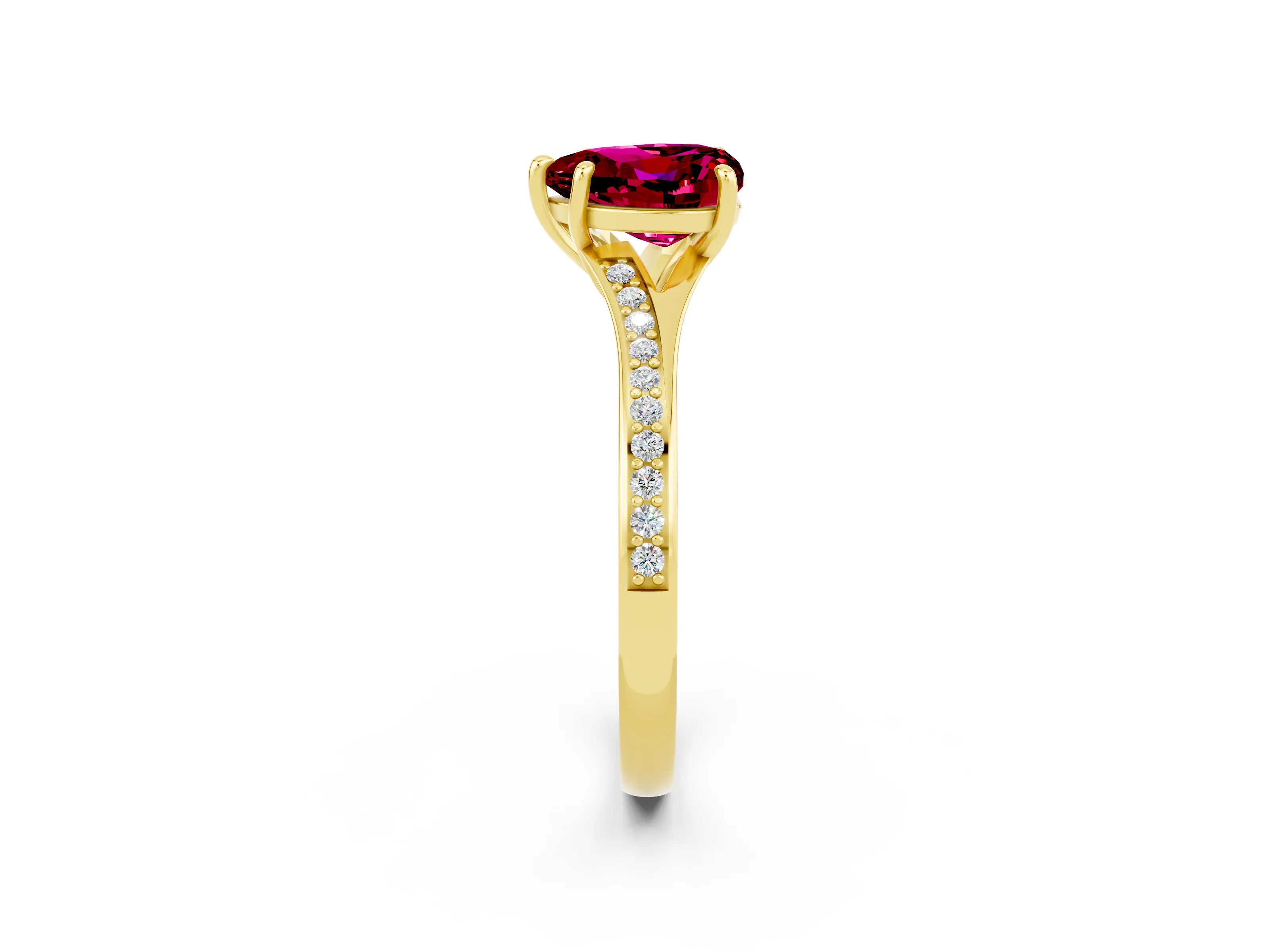 Yellow gold Heart Cut Garnet Solitaire Ring with Pavé Band and Prong Setting_2