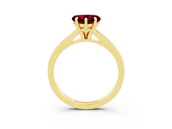 Yellow gold Heart Cut Garnet Solitaire Ring with Pavé Band and Prong Setting