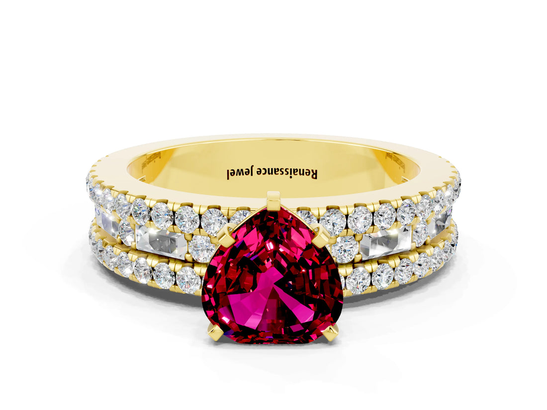 Yellow gold Heart Cut Garnet Solitaire Ring with Pavé and Channel Set Band