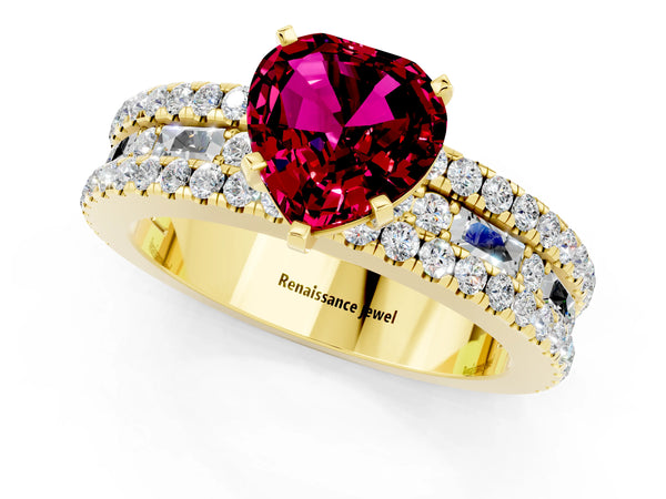 Yellow gold Heart Cut Garnet Solitaire Ring with Pavé and Channel Set Band