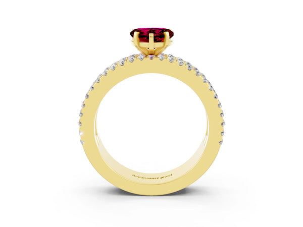 Yellow gold Heart Cut Garnet Solitaire Ring with Pavé and Channel Set Band
