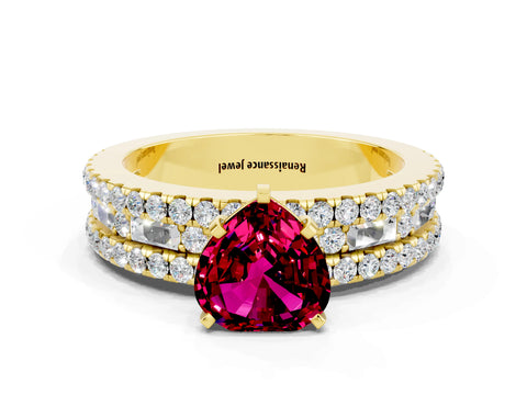 Yellow gold Heart Cut Garnet Solitaire Ring with Pavé and Channel Set Band