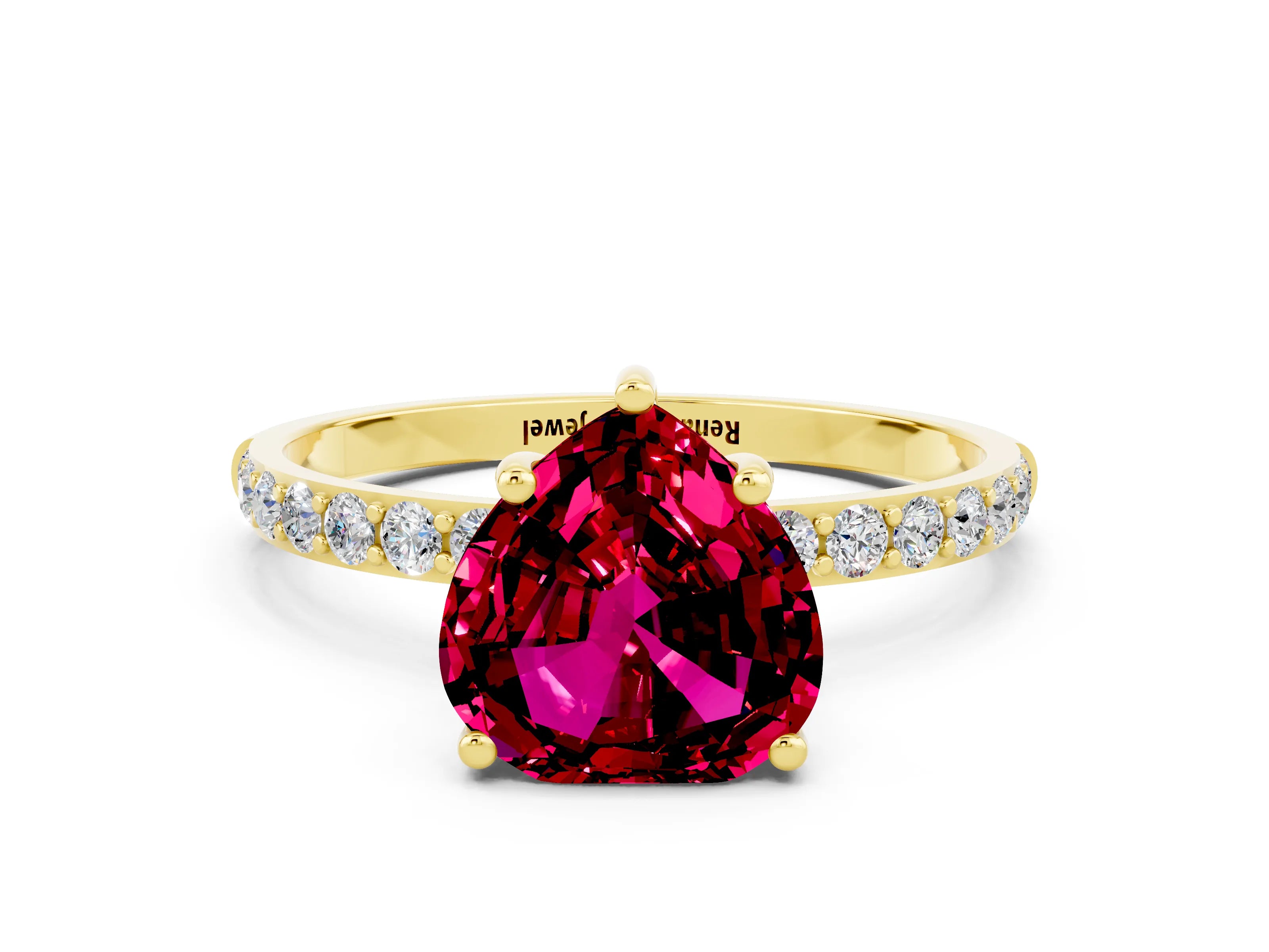 Yellow gold Heart Cut Garnet Solitaire Ring with Pave Band and Four Prong Setting_24