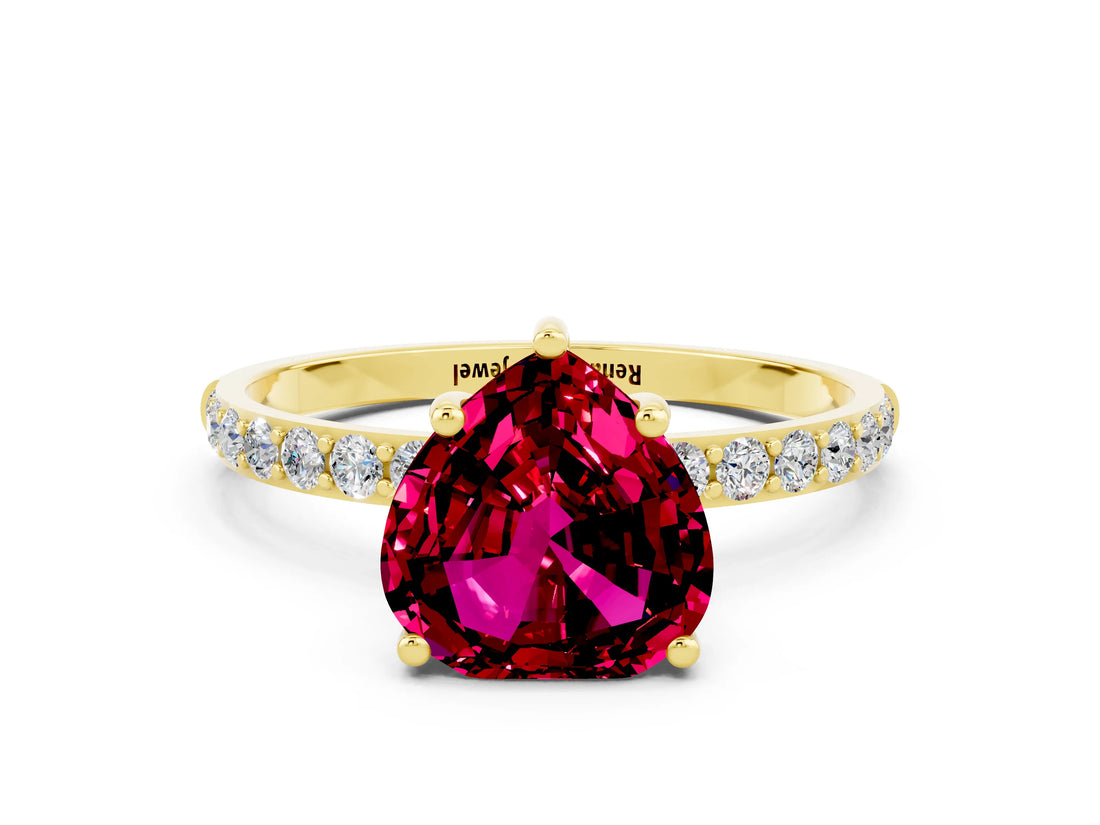 Yellow gold Heart Cut Garnet Solitaire Ring with Pave Band and Four Prong Setting_24