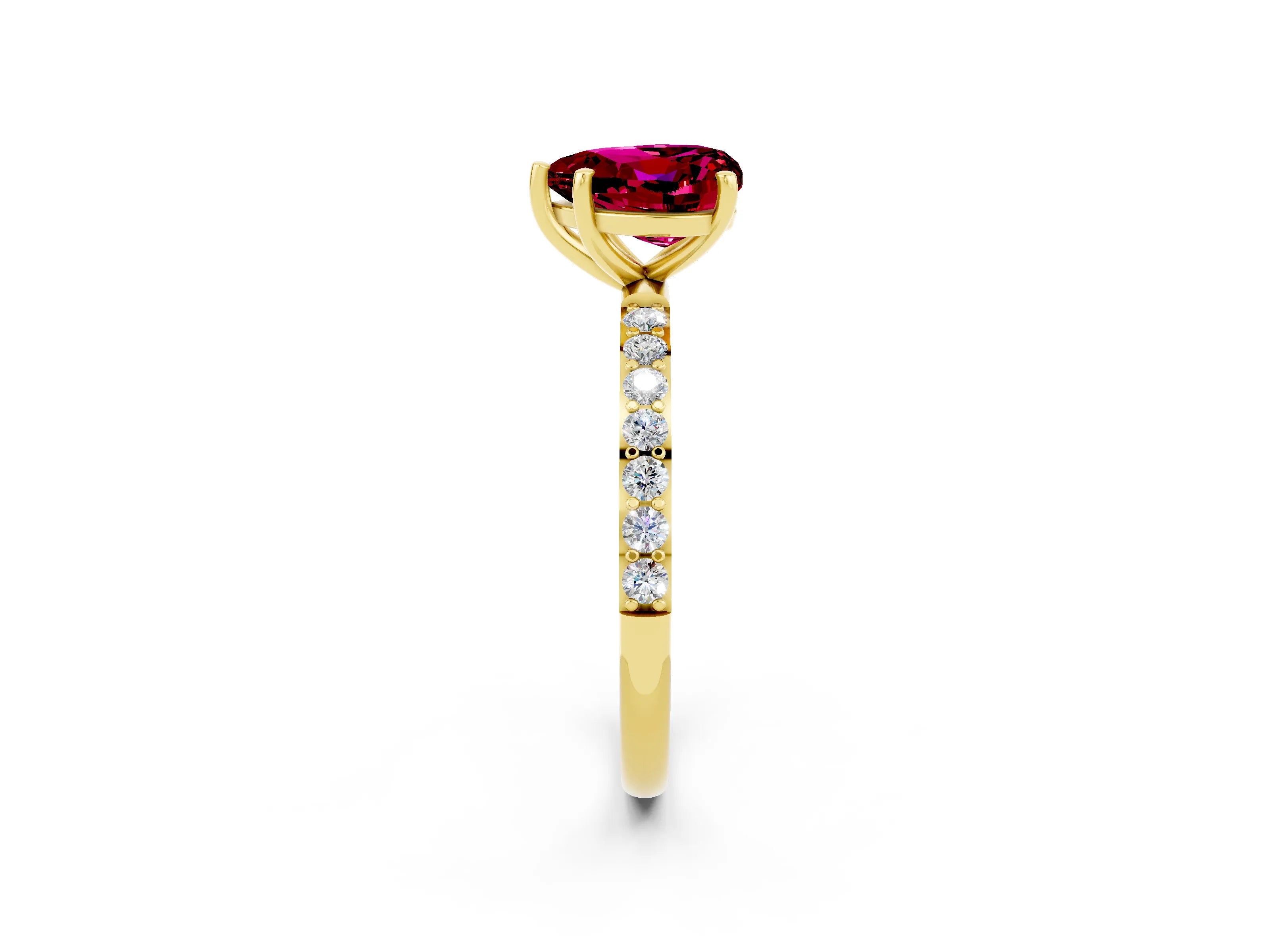 Yellow gold Heart Cut Garnet Solitaire Ring with Pave Band and Four Prong Setting_26