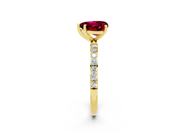 Yellow gold Heart Cut Garnet Solitaire Ring with Round  Pavé Band and Prong Setting