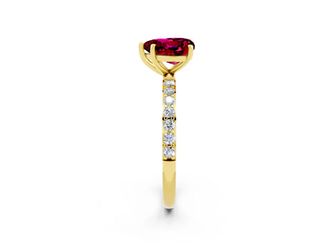 Yellow gold Heart Cut Garnet Solitaire Ring with Pave Band and Four Prong Setting_26