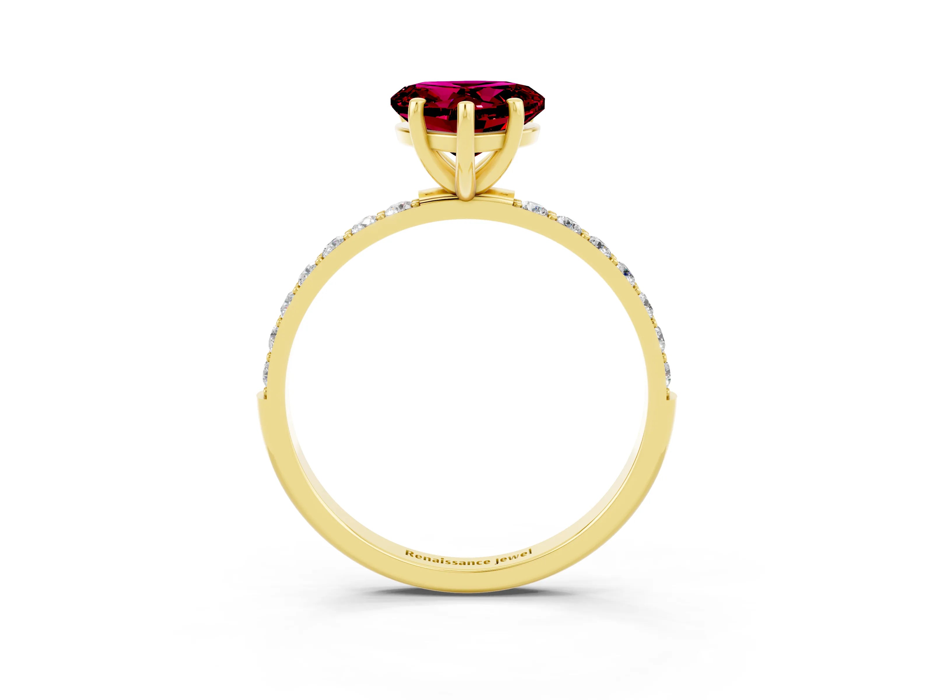 Yellow gold Heart Cut Garnet Solitaire Ring with Pave Band and Four Prong Setting_27