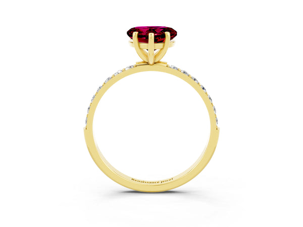 Yellow gold Heart Cut Garnet Solitaire Ring with Round  Pavé Band and Prong Setting