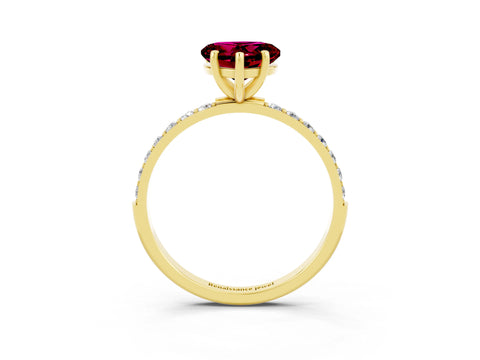 Yellow gold Heart Cut Garnet Solitaire Ring with Pave Band and Four Prong Setting_27