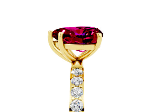 Yellow gold Heart Cut Garnet Solitaire Ring with Pave Band and Four Prong Setting_29