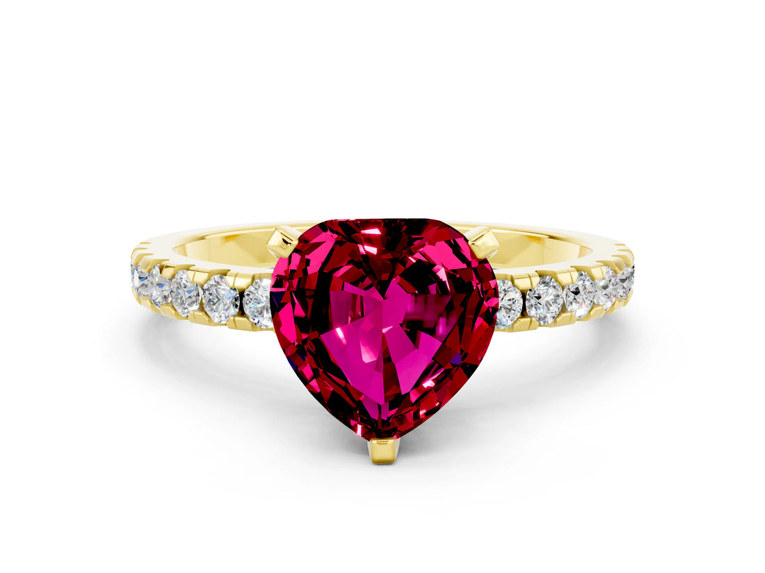 Yellow gold Heart Cut Garnet Solitaire Ring with Round  Pavé Band and Four-Prong Setting_36