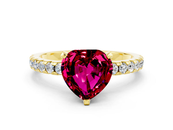 Yellow gold Heart Cut Garnet Solitaire Ring with Round Pavé Band and Four-Prong Setting