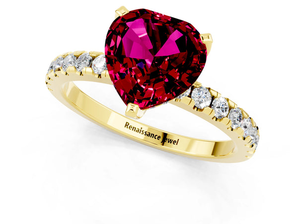 Yellow gold Heart Cut Garnet Solitaire Ring with Round Pavé Band and Four-Prong Setting