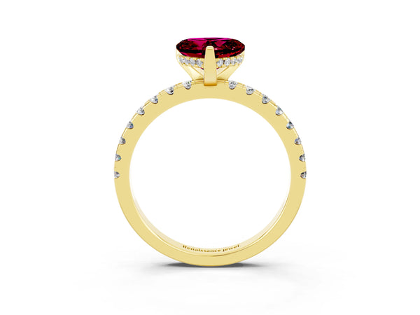 Yellow gold Heart Cut Garnet Solitaire Ring with Round Pavé Band and Four-Prong Setting
