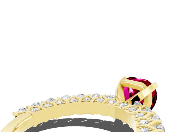 Yellow gold Heart Cut Garnet Solitaire Ring with Shared Prong Pavé Band and Four-Prong Setting