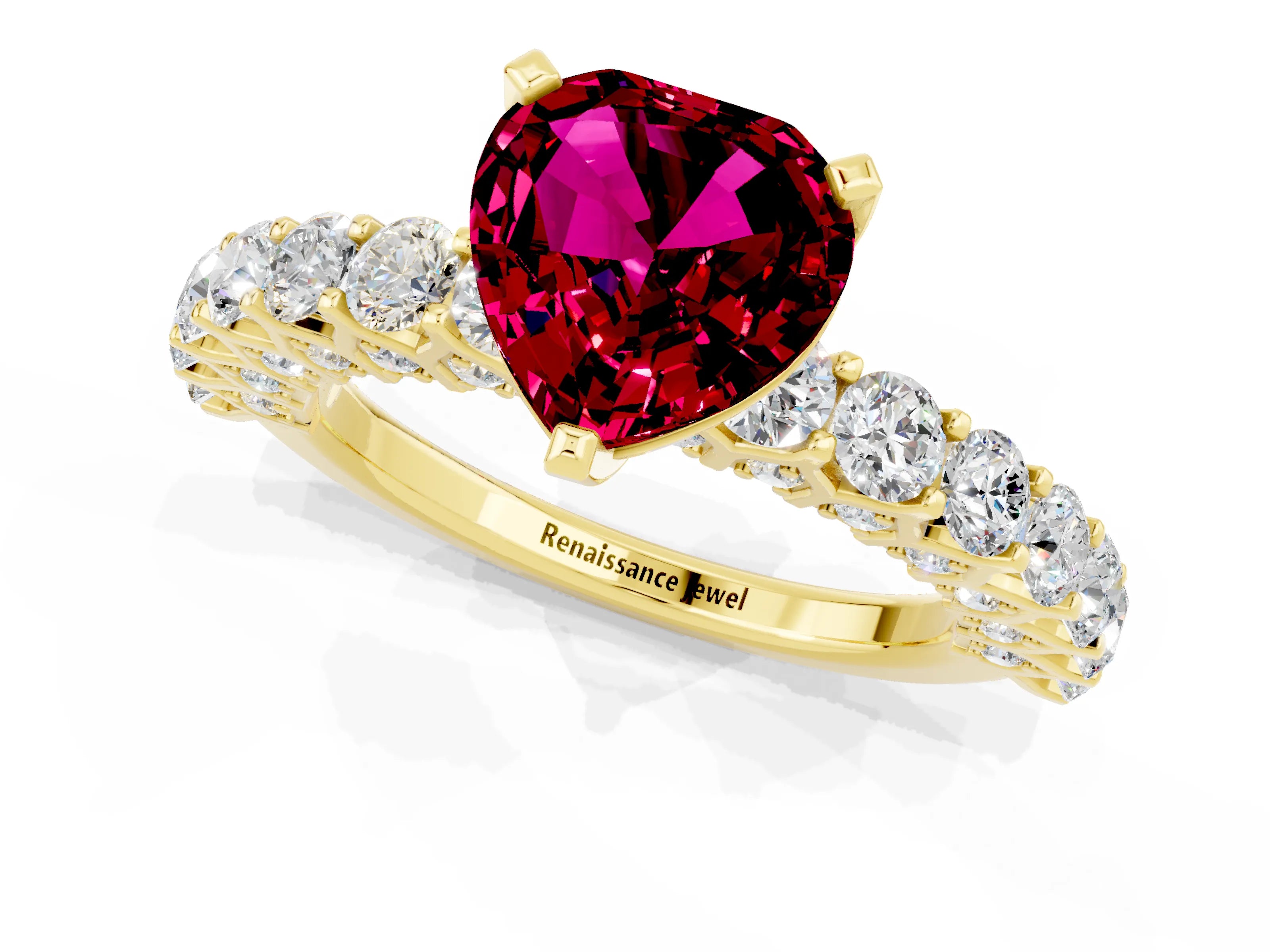 Yellow gold Heart Cut Garnet Solitaire Ring with Shared Prong Pavé Band and Four-Prong Setting_1