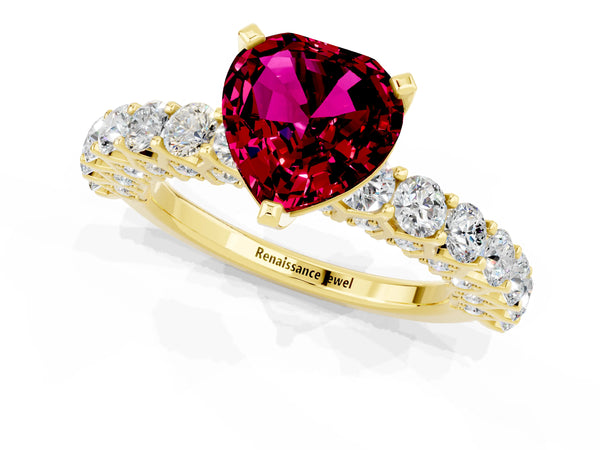 Yellow gold Heart Cut Garnet Solitaire Ring with Shared Prong Pavé Band and Four-Prong Setting