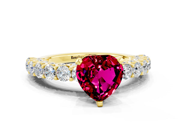 Yellow gold Heart Cut Garnet Solitaire Ring with Shared Prong Pavé Band and Four-Prong Setting