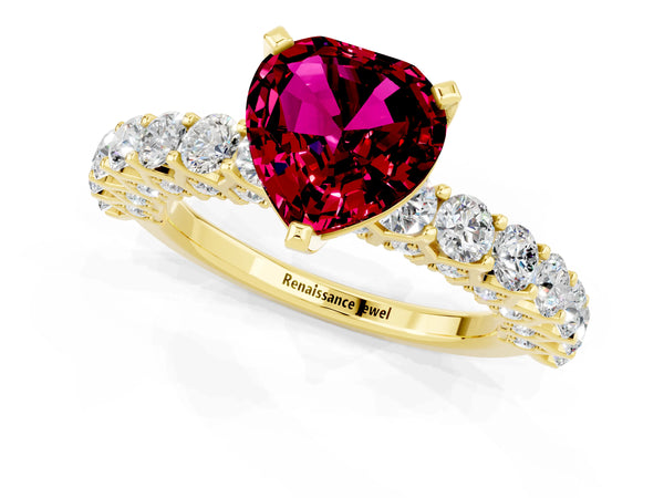 Yellow gold Heart Cut Garnet Solitaire Ring with Shared Prong Pavé Band and Four-Prong Setting