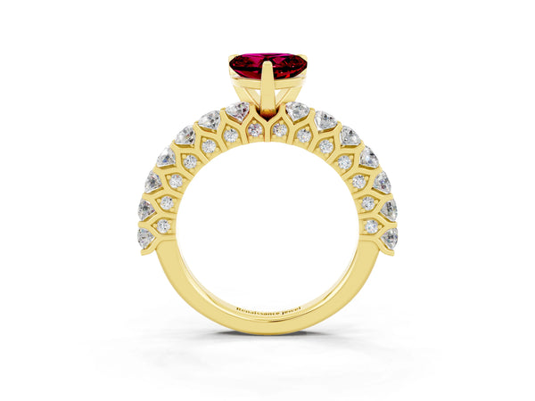 Yellow gold Heart Cut Garnet Solitaire Ring with Shared Prong Pavé Band and Four-Prong Setting