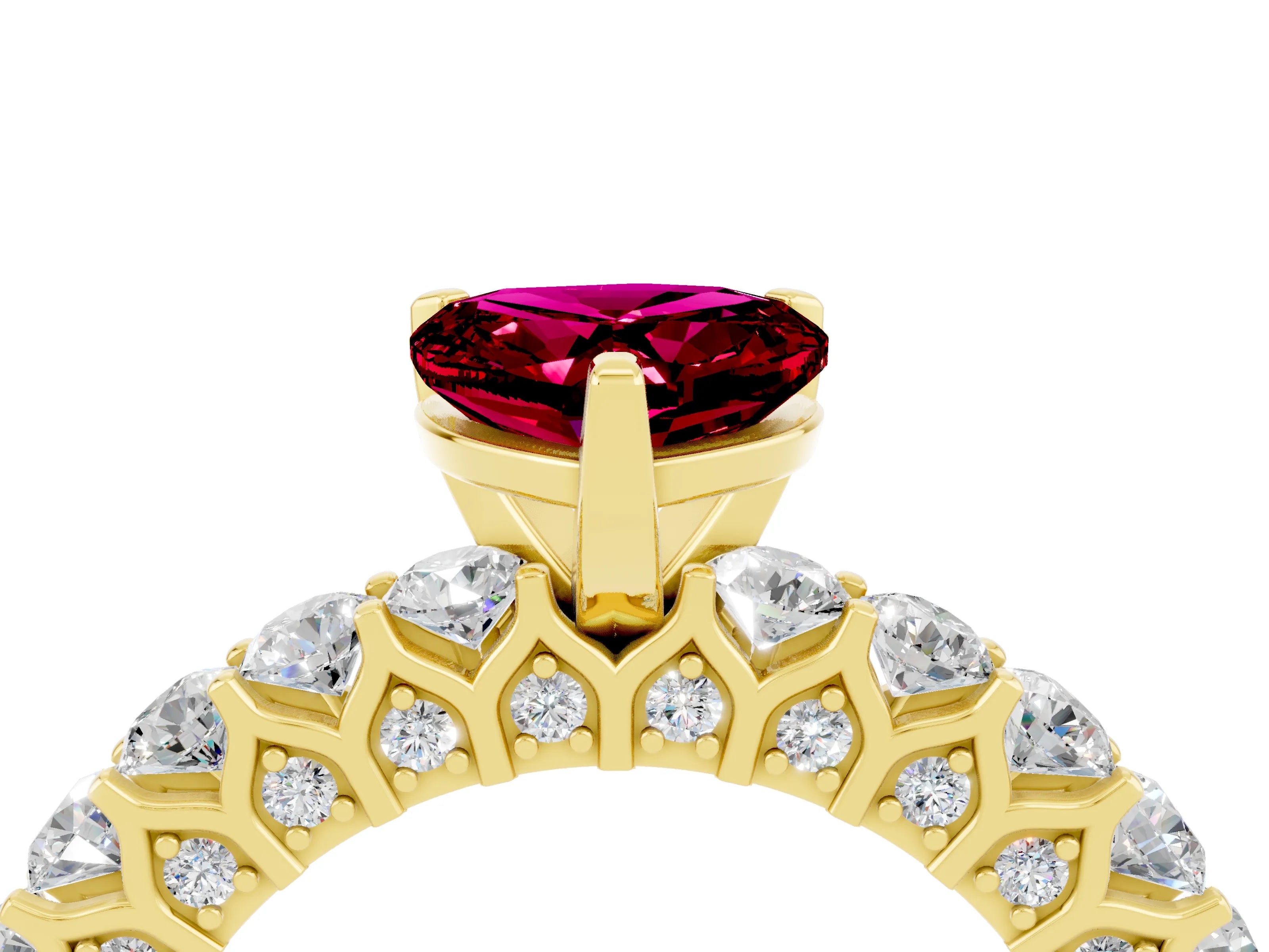 Yellow gold Heart Cut Garnet Solitaire Ring with Shared Prong Pavé Band and Four-Prong Setting_16