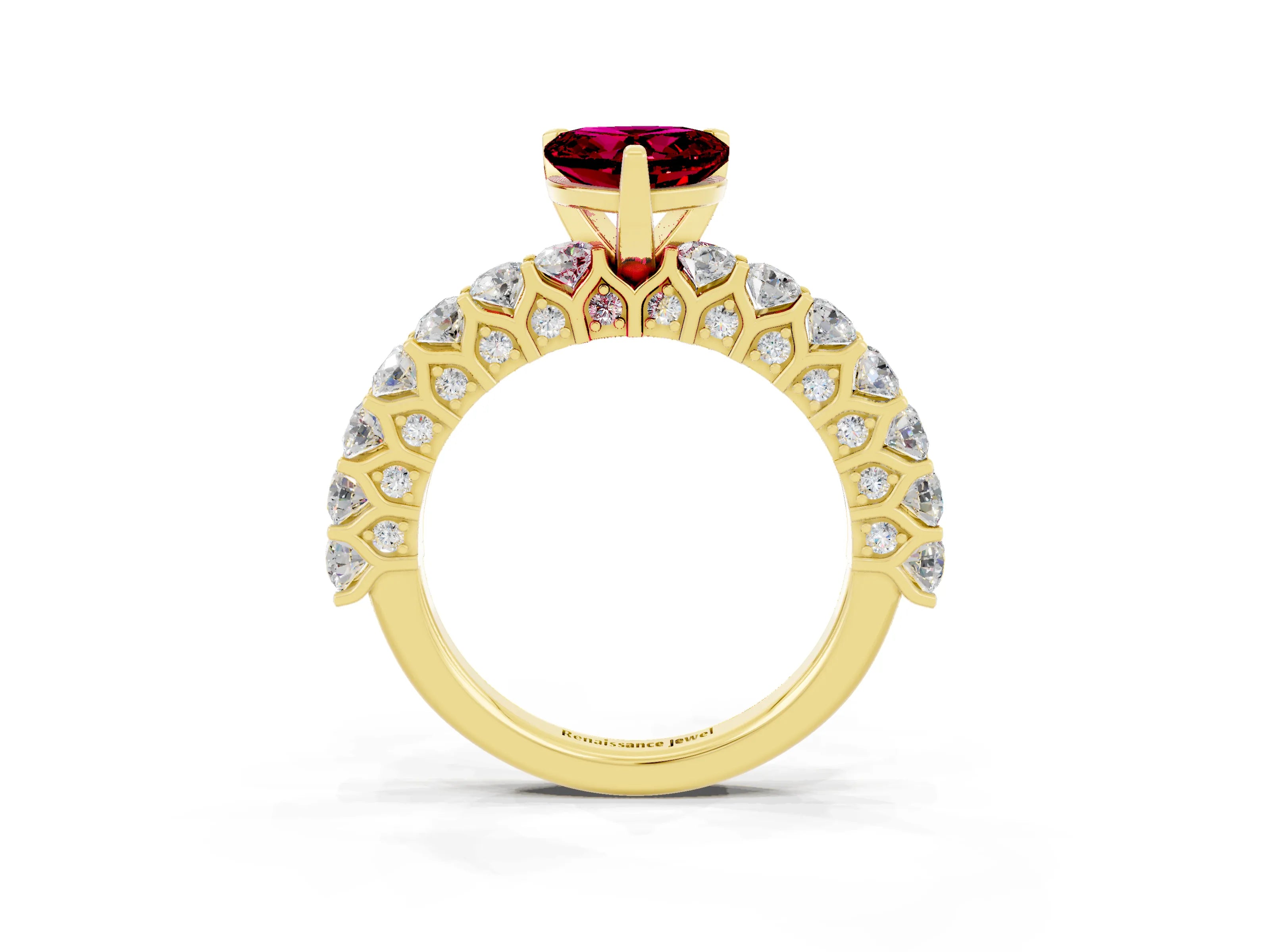 Yellow gold Heart Cut Garnet Solitaire Ring with Shared Prong Pavé Band and Four-Prong Setting_3