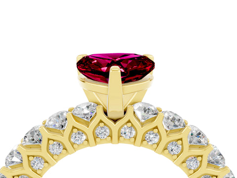 Yellow gold Heart Cut Garnet Solitaire Ring with Shared Prong Pavé Band and Four-Prong Setting_4