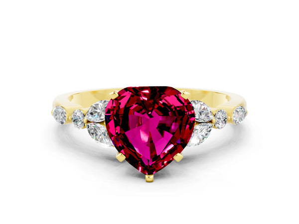 Yellow gold Heart Cut Garnet Solitaire Ring with Side Stones and Four-Prong Setting
