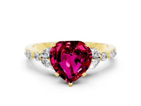 Yellow gold Heart Cut Garnet Solitaire Ring with Side Stones and Four-Prong Setting_12