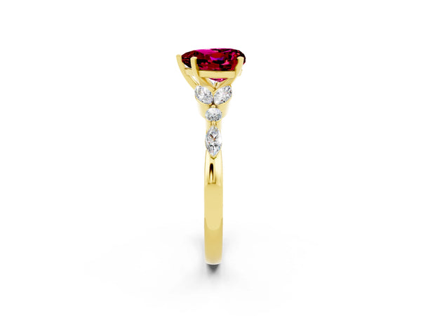 Yellow gold Heart Cut Garnet Solitaire Ring with Side Stones and Four-Prong Setting