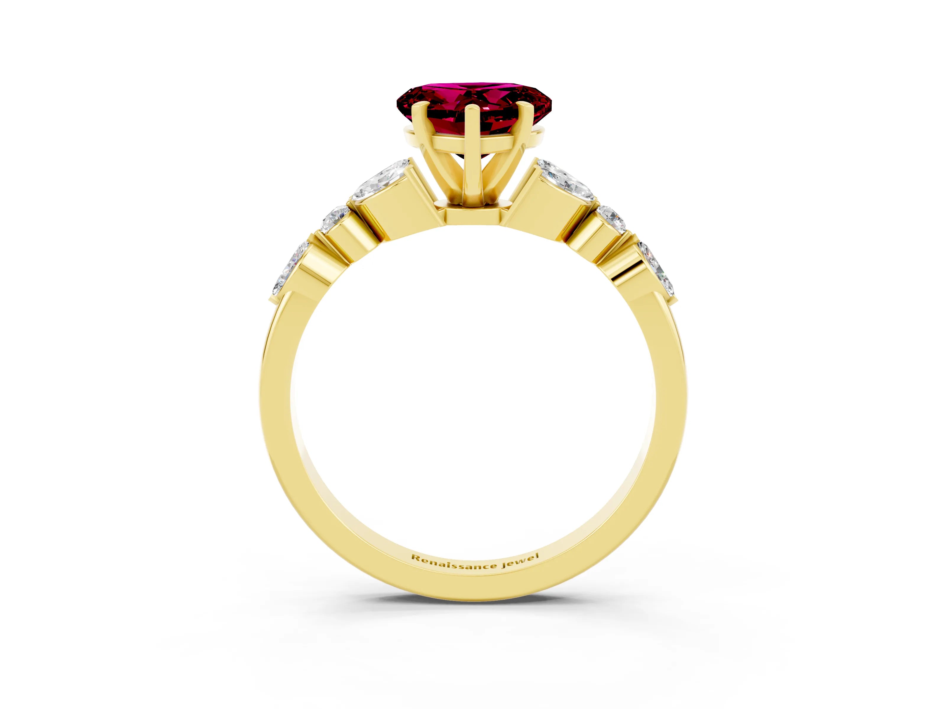 Yellow gold Heart Cut Garnet Solitaire Ring with Side Stones and Four-Prong Setting_15