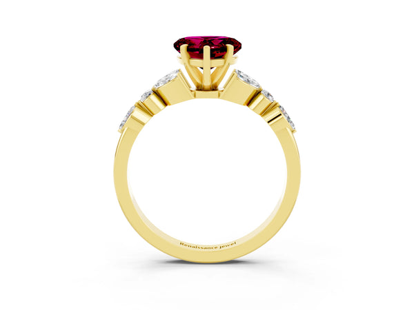 Yellow gold Heart Cut Garnet Solitaire Ring with Side Stones and Four-Prong Setting