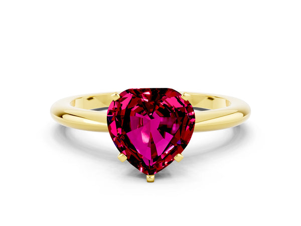 Yellow gold Heart Cut Garnet Solitaire Ring with Six-Prong Setting and Classic Band