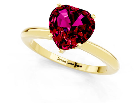 Yellow gold Heart Cut Garnet Solitaire Ring with Six-Prong Setting and Classic Band_1