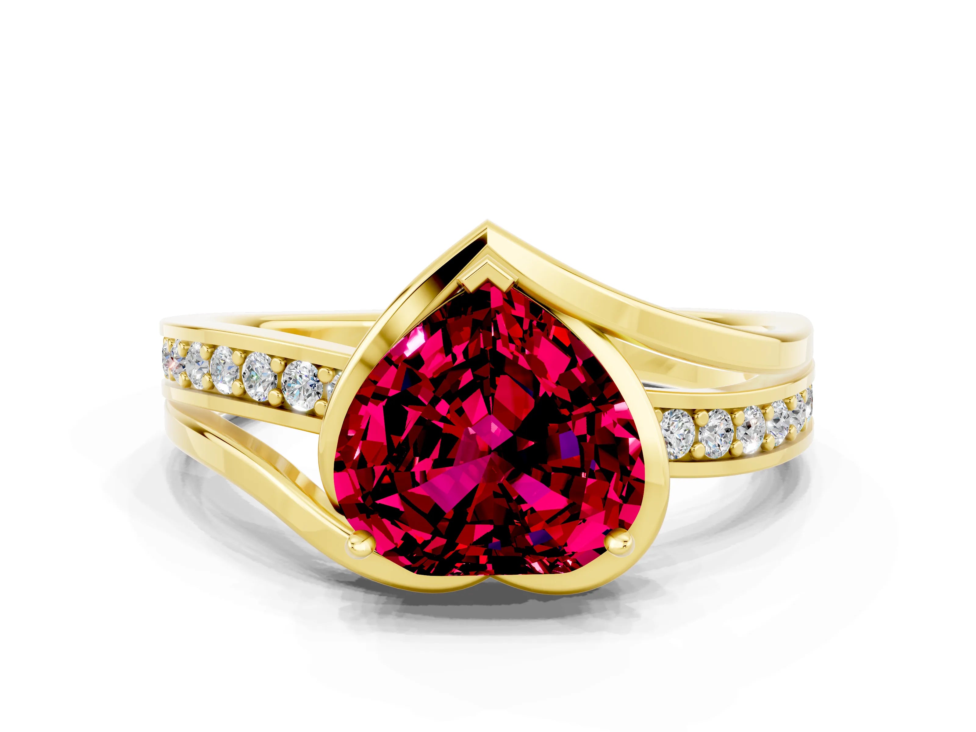 Yellow gold Heart Cut Garnet Solitaire Ring with Split Shank and Prong Setting
