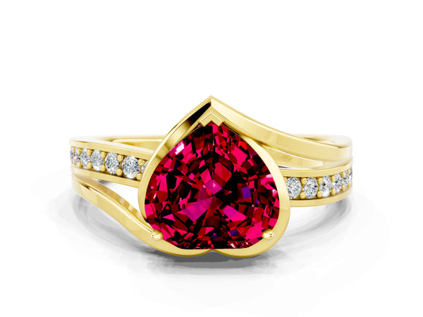 Yellow gold Heart Cut Garnet Solitaire Ring with Split Shank and Prong Setting