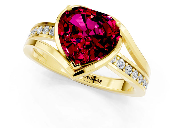 Yellow gold Heart Cut Garnet Solitaire Ring with Split Shank and Prong Setting