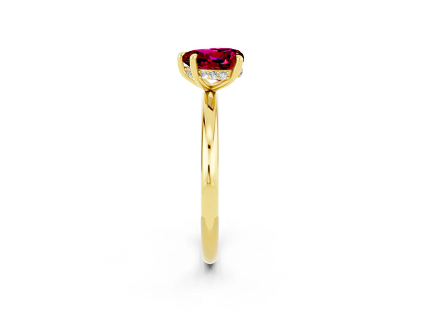 Yellow gold Heart Cut Garnet Solitaire Ring with Thin Band and Four-Prong Setting