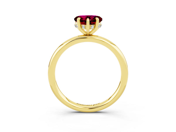 Yellow gold Heart Cut Garnet Solitaire Ring with Thin Band and Four-Prong Setting